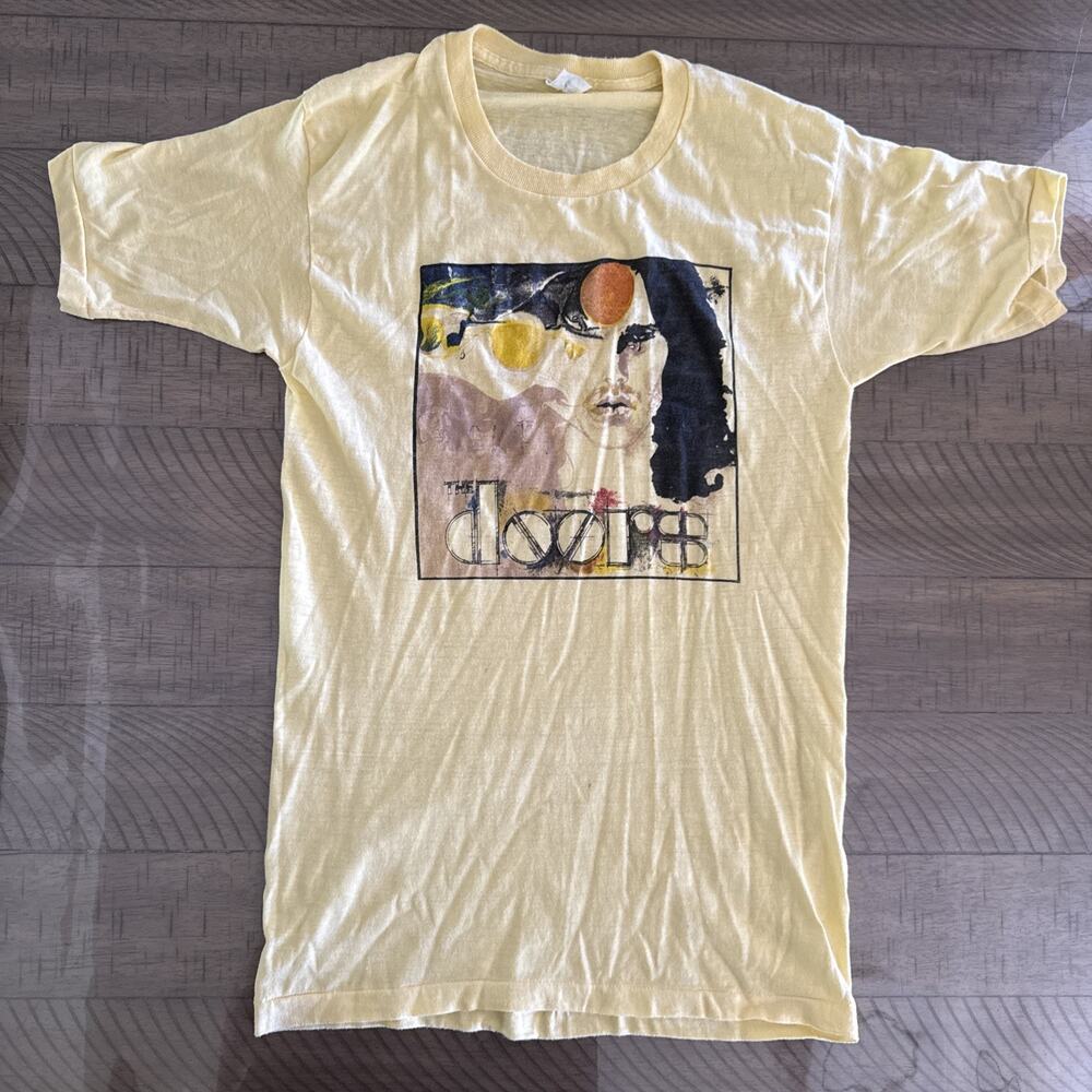 Vintage The Doors Band T-Shirt Yellow Graphic Jim Morrison Band Healthknit L 80s